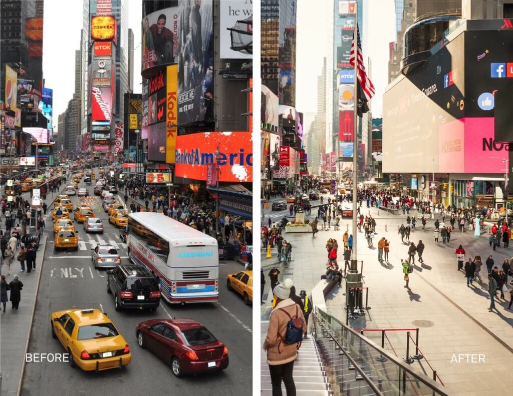 Side by side images showing New York City’s time square lined by skyscrapers with large, bright advertisements, before and after pedestrianization. In the “Before” image, a line of taxis, private vehicles, and a coach bus extend into the distance with pedestrians on the sidewalk on either side. In the “After” image, pedestrians are seen throughout the same area with benches a staircase and seating.